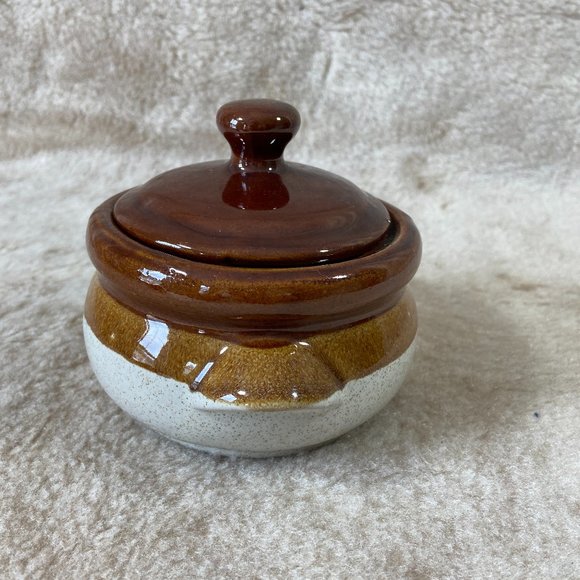 Vintage Stoneware Small Bean Pot in Tan and Brown Glaze Farmhouse - Picture 2 of 9